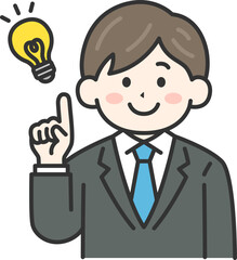 アイデアを出す、スーツを着た、男性（線画カラー）のイラスト