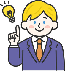 アイデアを出す、スーツを着た、白人男性（線画カラー）のイラスト