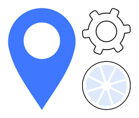 Blue location pin, gear suggesting settings, and segmented circle symbolize navigation, technical functions, and cycles. Ideal for mapping, app design, user interface, process automation