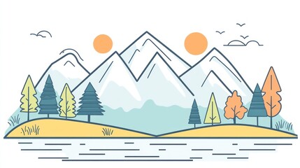 Mountain lake autumn scene, sunset, birds, travel poster