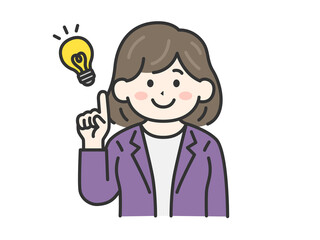 アイデアを出す、ジャケットを着た、女性（線画カラー）のイラスト
