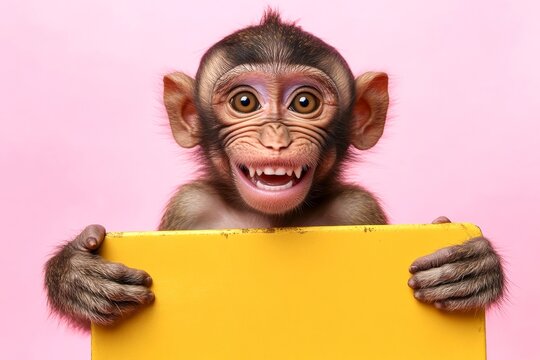 Cute baby animal baboon hold in front paws a template - large yellow zoo sign. Adorable pose for brand. Isolated baby animal on a solid uniform pink background. Marketing wildlife idea.