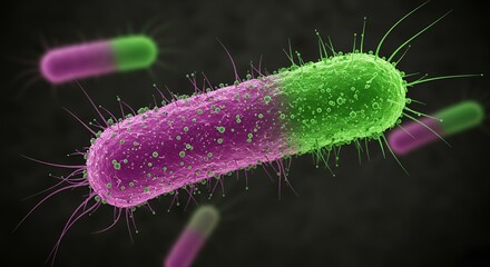 Fototapeta premium Detailed Microscopic Render of Elongated Bacterium with Purple and Green Transition on Dark Background