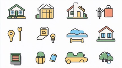 Travel planning icons house, car, location, luggage