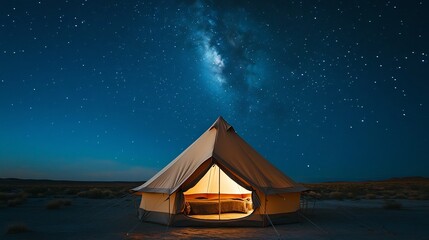 Peaceful desert retreat featuring a cozy nomadic tent under the starry night sky Romantic background