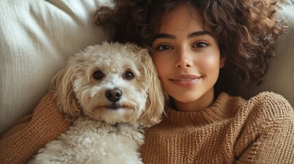 Young woman relaxing on sofa with her adorable puppy