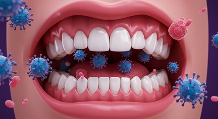 Wide Open Mouth with White Teeth Gums Tongue and Floating Blue Pink Virus Particles in Dark Background
