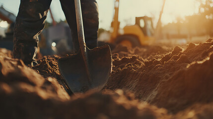 Construction Worker Digging with Shovel at Sunset