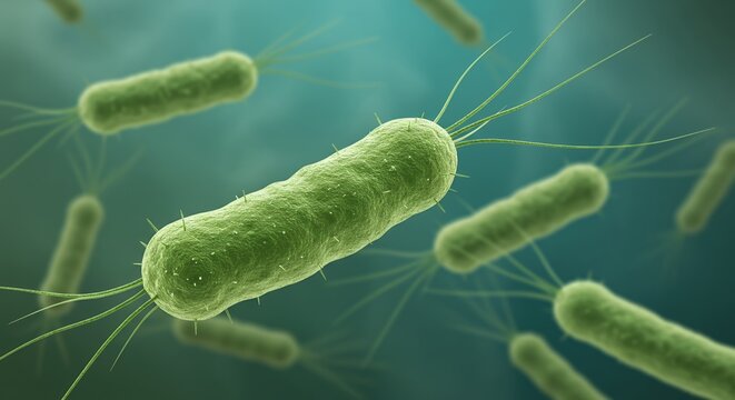 Detailed Microscopic Rendering of Light Green Rod Shaped Bacteria with Flagella Exhibiting Visible Texture on Softly Blurred Gradient Background