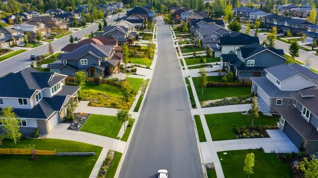 Aerial View of a Quiet Suburban Neighborhood Street with Modern Single-Family Homes