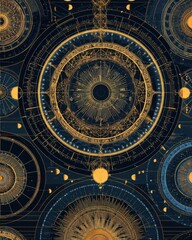 Obraz premium Celestial Orbs: A mesmerizing tapestry of cosmic charts and astronomical diagrams rendered in intricate gold line art against a deep blue backdrop.