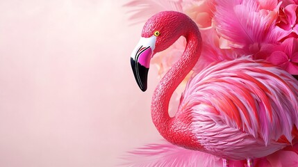 Pink flamingo decoration with vibrant pink feathers standing on a light pink background