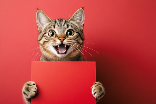 Cat display mockup. Poster mockup with pet. Ð¡ute adult cat balinese hold in front paws a wireframe - large red road sign. Cat in display ad. Isolated cat on a solid clothing red background.
