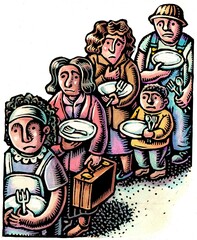 professionals, workers and families stand in a soup line with empty bowls.