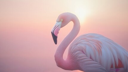 Fototapeta premium Pink flamingo standing gracefully against a soft pink sunset background