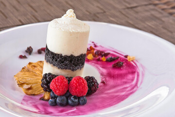 Coconut ice cream dessert with red berries, dried fruit, frozen dessert with fresh fruit, tiramisu