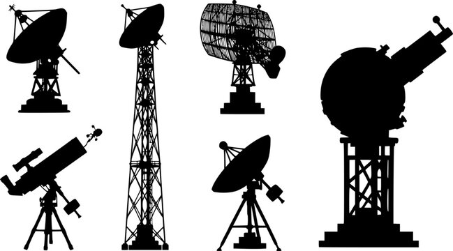 Various radar systems displayed in silhouette form against a light background during a technology exhibition
