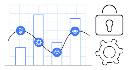Bars with seasonal icons and trend lines depict data variations. Padlock and cogwheel represent security and optimization. Ideal for analytics, seasons, data flow, trends, security, strategy, flat
