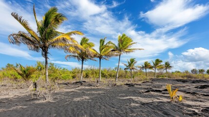 Fototapeta premium Tropical palm trees on a volcanic black sand beach.
