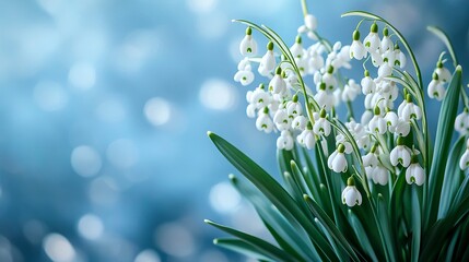 Minimalist spring composition with snowdrop flowers and white paper banner on pastel blue background 