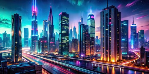 Cyberpunk Cityscape Neon Lights Long Exposure Reflections AI Art