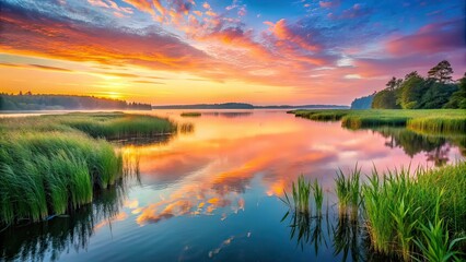 Dawn Lake Drone Photography - Calm Water, Gentle Grass, Pink Orange Sky