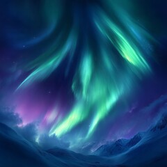 Aurora Borealis: Northern Lights dance above snow-covered mountains at night.