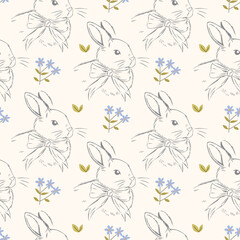 Seamless vintage pattern with hand drawn bunnies in bows and wildflowers on cream background
