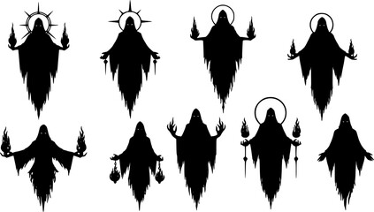 Dark figures of sorcery and mystery gather in an eerie setting with flaming spells and ghostly appearances
