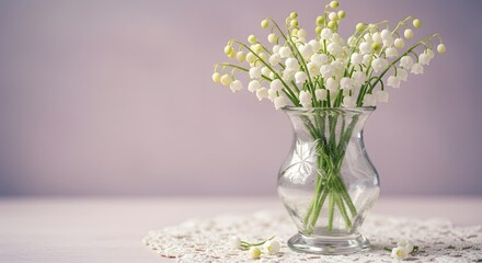 Delicate Lily of the Valley Bouquet in Etched Glass Vase on Lace