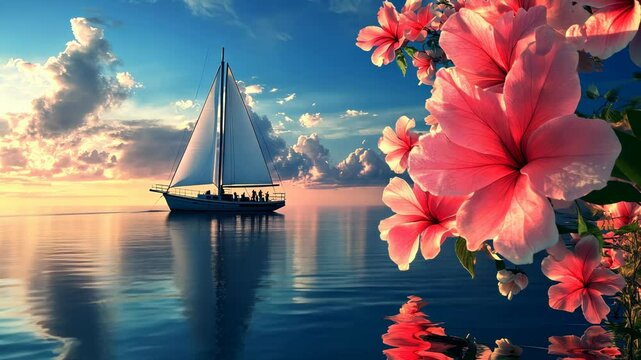 Sailing boat sunset floral seascape; idyllic vacation