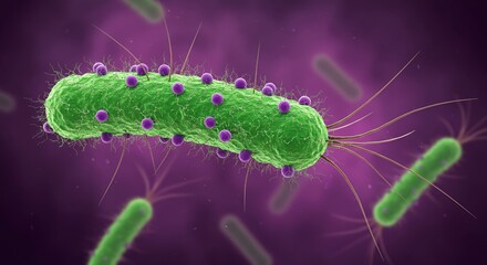 Fototapeta premium Detailed Green Bacteria Cell with Purple Capsules on Dark Purple Background Scientific Illustration