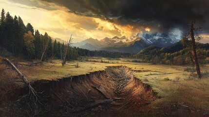 Dramatic Landscape with Mountains, Chasm, and Stormy Skies