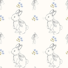 Seamless pattern with hand drawn vintage bunnies and wildflowers in a soft pastel color palette