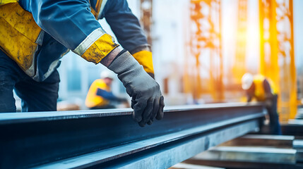 Construction Worker Handling Steel Beams