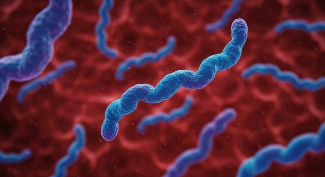 Detailed Spirochete Bacteria Rendering on Red Backdrop Microscopic Spiral Organism