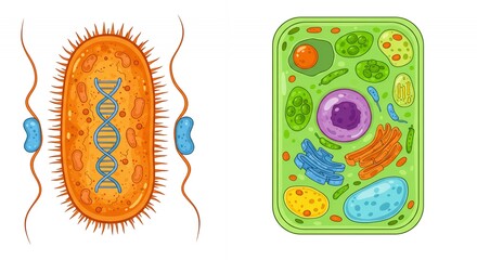 Prokaryotic Cell And Eukaryotic Cell Side By Side Illustration In Orange And Green Colors With Clear White Background Educational Diagram Optimized For Adobe Stock Photo