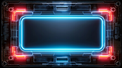 Obraz premium A futuristic, digital interface with a rectangular screen surrounded by glowing blue and red neon lights, resembling a high-tech control panel or display.