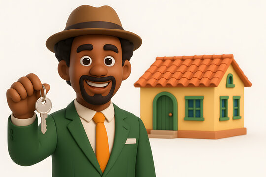 Corretor brasileiro com chaves da casa &iacute;cone 3D cartoon. Im&oacute;vel. Venda e compra de im&oacute;veis. Hipoteca no Brasil ilustra&ccedil;&atilde;o.