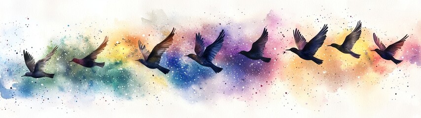 Fototapeta premium Birds in flight over a colorful abstract landscape blissful nature scene artistic perspective serenity