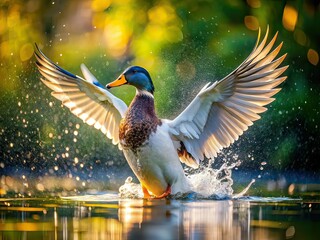 Obraz premium Duck Cleaning Wings, Restaurant Pond, Double Exposure