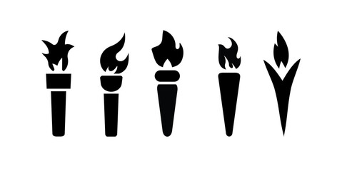 Silhouettes of torches in black and white, featuring various shapes, presented a vector illustration.