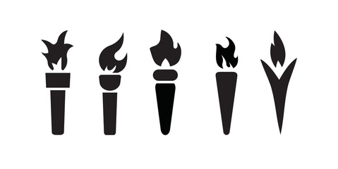 Silhouettes of torches in black and white, featuring various shapes, presented a vector illustration.