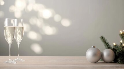 Two elegant glasses of champagne rest on a wooden table, accompanied by silver ornaments and a hint of greenery for a festive atmosphere