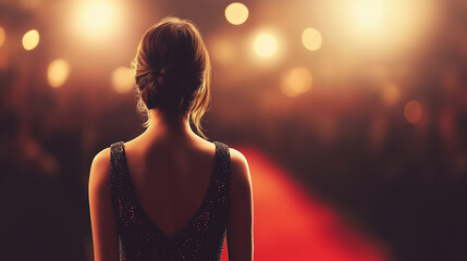 Red Carpet Anticipation: A silhouette of a poised woman stands on a red carpet. Her back turned, gazing towards the lights, with an air of elegance and excitement. A symbol of glamour, anticipation.
