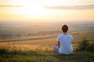 Fototapeta premium Person Sitting in Quiet Reflection at Sunrise Embracing Inner Peace