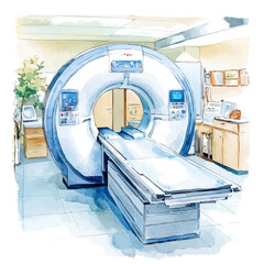 watercolor of High-tech MRI Machine In A Hospital Room, vector, isolated on a white background.