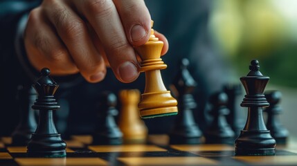Businessman playing chess and making checkmate move with king