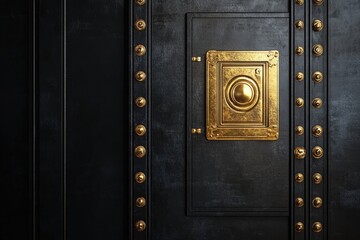 Elegant Black Door with Gold Accents and Decorative Hardware