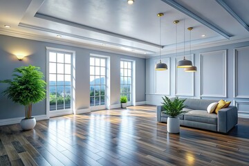Obraz premium Empty Living Room, White Walls, Grey Flooring, Architectural Photography